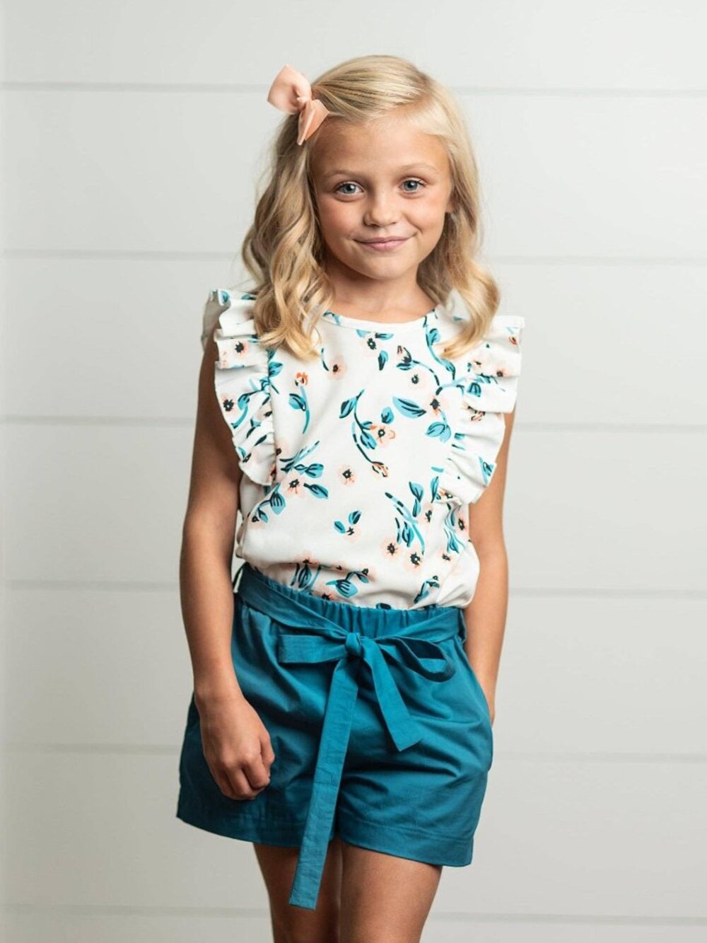 White & Teal Floral Ruffle Summer Short Set